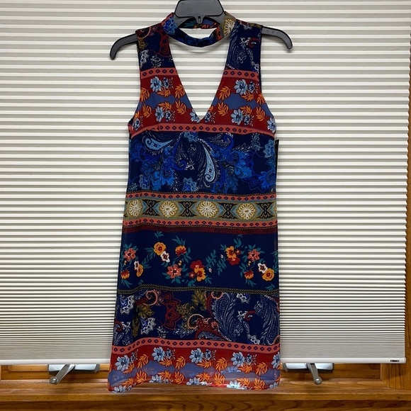 A. Byer NWT Blue Multi Color Paisley Floral Pattern Choker Shift Dress - Picture 3 of 11